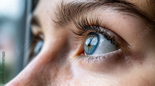 A close-up capture of an eye in side profile, gazing intently out of a window, with a reflection of the outside scenery in the eye, expressing thoughtfulness and curiosity.