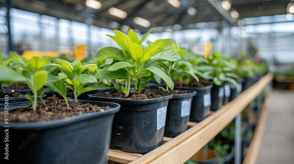 An orderly arrangement of small potted plants in a sun-drenched greenhouse, highlighting thriving greenery and the nurturing environment ideal for plant growth. An orderly arrangement of small potted plants in a sun-drenched greenhouse, highlighting thriving greenery and the nurturing environment ideal for plant growth.