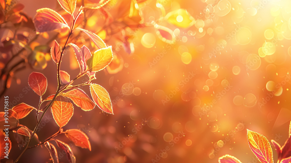 Golden Autumn Sunset: Multi-colored tree leaves with a background of golden sunset and copy space. Golden Autumn Sunset: Multi-colored tree leaves with a background of golden sunset and copy space.