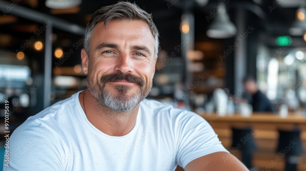 A smiling man with a beard and gray hair, wearing a white t-shirt, sitting in a cozy café with a blurred background of warm lighting and a relaxed atmosphere. A smiling man with a beard and gray hair, wearing a white t-shirt, sitting in a cozy café with a blurred background of warm lighting and a relaxed atmosphere.