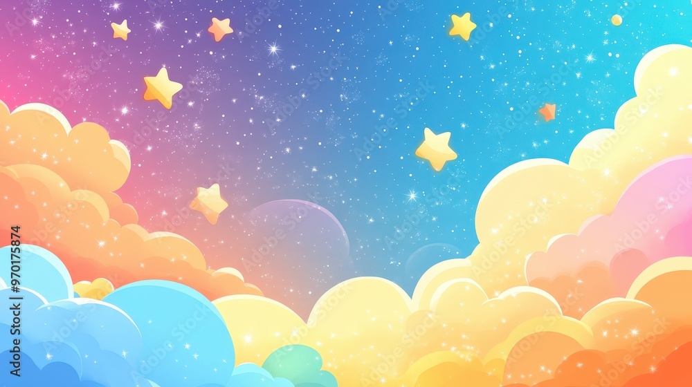 Whimsical Sky of Colorful Clouds and Sparkling Stars - Playful and Magical Background for Cheerful Concept Whimsical Sky of Colorful Clouds and Sparkling Stars - Playful and Magical Background for Cheerful Concept