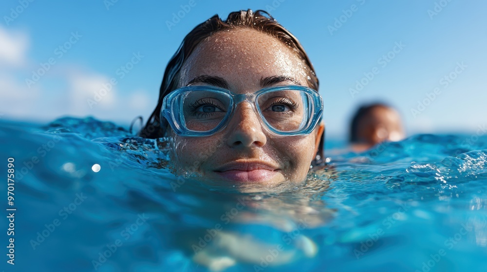 Fototapeta premium A smiling individual with swimming goggles is partially submerged in clear blue water, epitomizing the joy and relaxation typically associated with water activities on a sunny day.