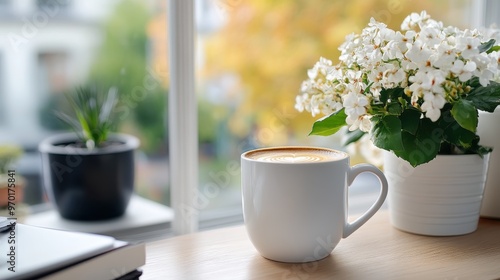 A cup of coffee with latte art sitting on a table near a bright window, accompanied by a potted plant with fresh white flowers, presenting a cozy and serene morning scene.