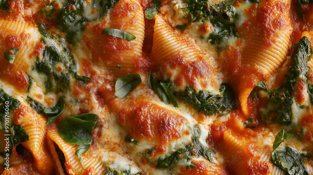 a close-up, top-down view of spinach and feta stuffed shells, filling the entire frame with the focus on the pasta's intricate details a close-up, top-down view of spinach and feta stuffed shells, filling the entire frame with the focus on the pasta's intricate details