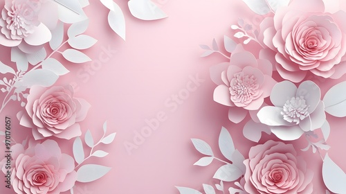 Rose quartz floral paper-cut art with two layers and shadow. Elegant frame for greeting cards (bithday, valentine's day), wedding and engagement invitation card template photo