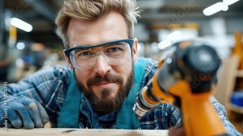 A man with a beard and safety glasses in a workshop smiling while holding a cordless drill tool, highlighting his involvement in DIY or woodworking activities indoors.