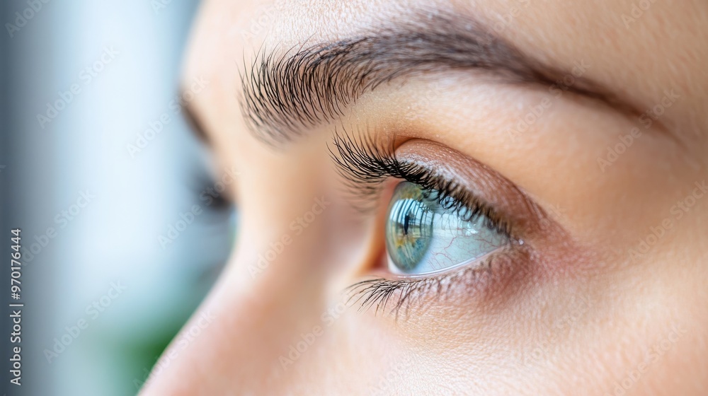 A side view close-up shot of a blue eye, elegantly capturing the natural light reflecting off the eye, expressing the subtleties and emotions conveyed through human sight. A side view close-up shot of a blue eye, elegantly capturing the natural light reflecting off the eye, expressing the subtleties and emotions conveyed through human sight.