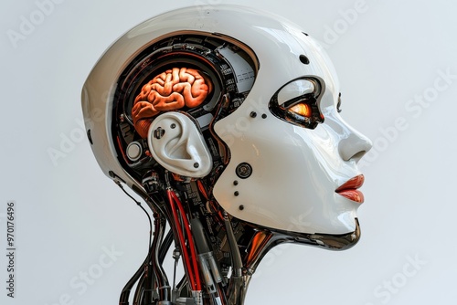 Neural computing neural biohacking robotic circuits robotic intelligence and AI intelligence female humanoid robot with transparent skull revealing glowing brain photo