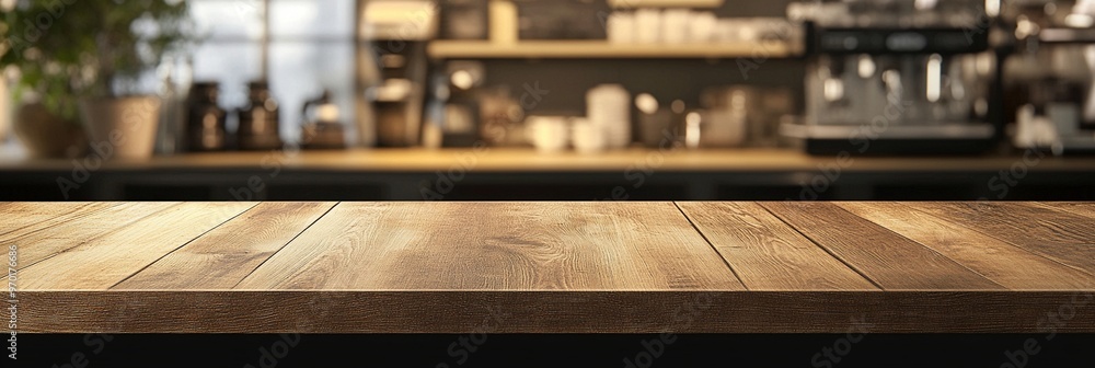Empty wooden table in foreground with blurred cafe counter background, perfect for product display or coffee shop ambiance, warm tones inviting. Empty wooden table in foreground with blurred cafe counter background, perfect for product display or coffee shop ambiance, warm tones inviting.