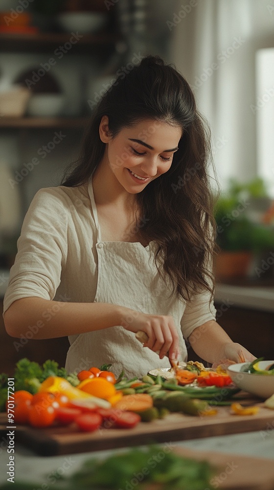 Joyful home chef prepares colorful, fresh vegetables in sunny kitchen, embodying healthy lifestyle and culinary passion with a warm, inviting smile. Joyful home chef prepares colorful, fresh vegetables in sunny kitchen, embodying healthy lifestyle and culinary passion with a warm, inviting smile.