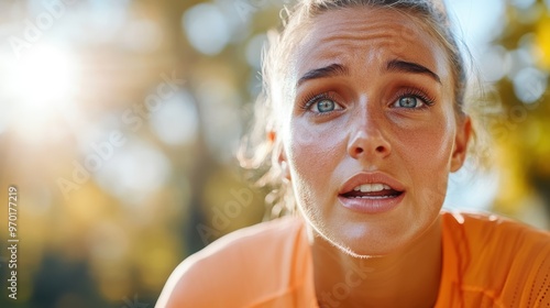 A tired woman outdoors, appearing concerned with sweat on her face. Her bright blue eyes reflect worry under the natural sunlight, capturing a moment of fatigue.