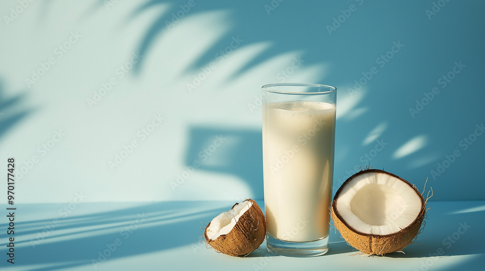 a frothy glass of coconut milk with a cracked coconut against an isolated pastel blue background a frothy glass of coconut milk with a cracked coconut against an isolated pastel blue background