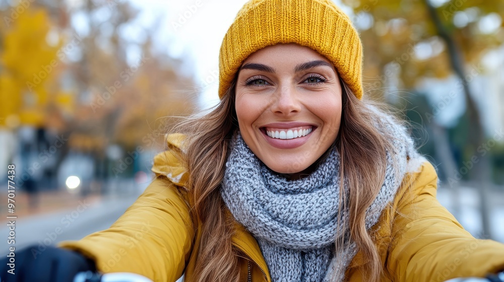 A happy woman in a yellow jacket and knit hat rides her bike through a scenic autumn path, enjoying the crisp weather and the beauty of fall foliage. A happy woman in a yellow jacket and knit hat rides her bike through a scenic autumn path, enjoying the crisp weather and the beauty of fall foliage.