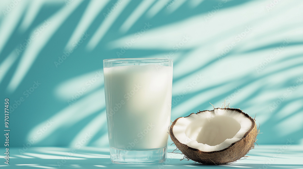 a frothy glass of coconut milk with a cracked coconut against an isolated pastel blue background a frothy glass of coconut milk with a cracked coconut against an isolated pastel blue background