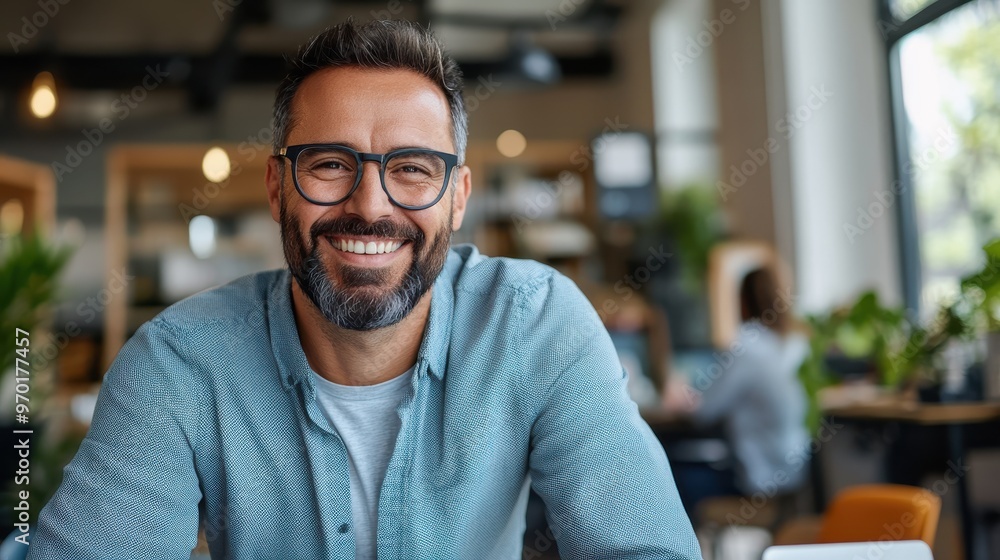 A cheerful man in glasses and casual attire smiling inside a bright, modern workspace with plants and a blurred background depicting a relaxed ambiance. A cheerful man in glasses and casual attire smiling inside a bright, modern workspace with plants and a blurred background depicting a relaxed ambiance.