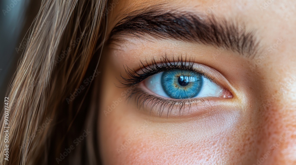 Fototapeta premium A striking close-up image of a blue eye surrounded by detailed lashes and brows, emphasizing the beauty and intricate details of the human eye, providing an artistic visual.