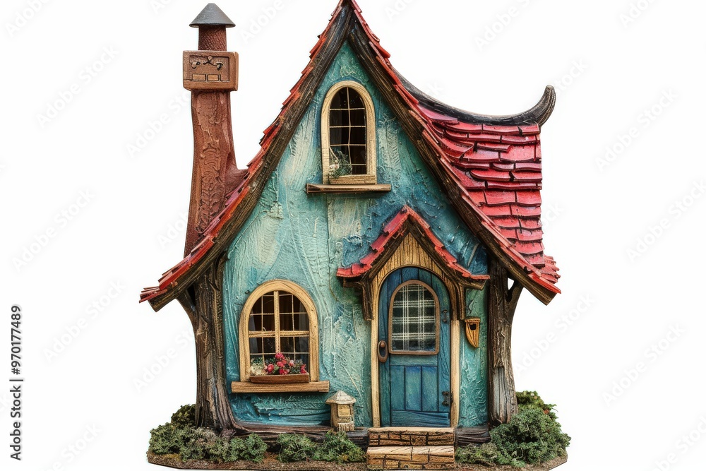 A small house with a red roof and green moss on it, generative ai image A small house with a red roof and green moss on it, generative ai image