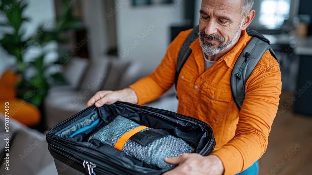 A man in an orange shirt, standing indoors and packing a suitcase, preparing for travel. This image captures the excitement and organization before a journey. A man in an orange shirt, standing indoors and packing a suitcase, preparing for travel. This image captures the excitement and organization before a journey.