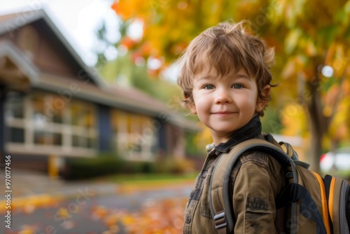 A little boy in a brown jacket with a backpack goes to school. Behind him are trees with yellow leaves