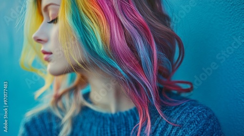 Profile view of a woman with vibrant rainbow-colored hair against a turquoise background, showcasing creative self-expression and modern beauty trends.