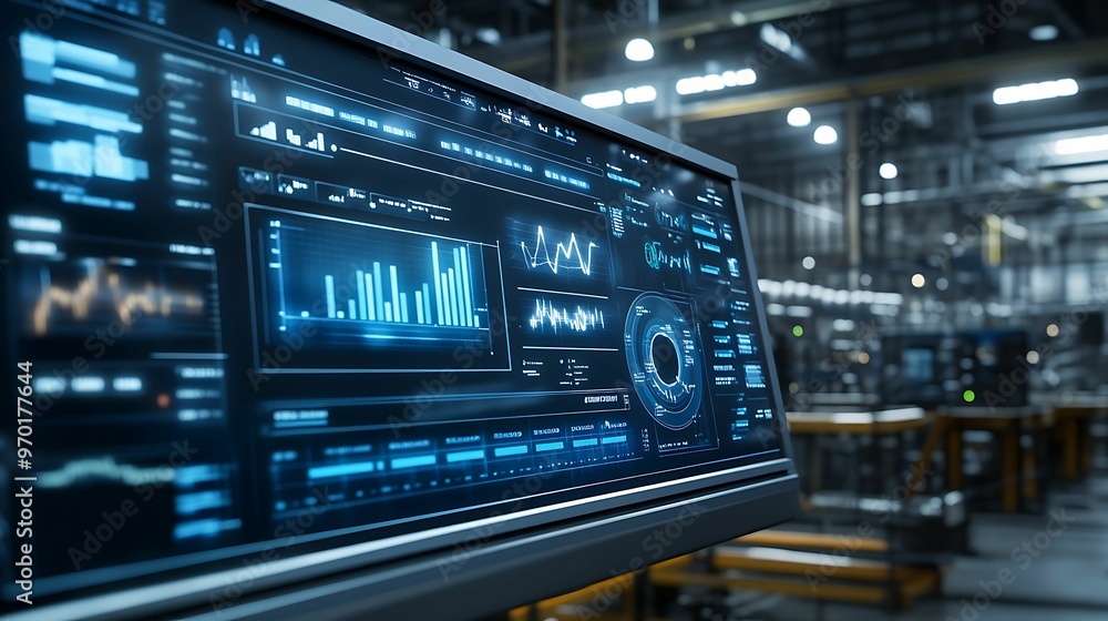 Close-up of a digital screen displaying industrial data analysis and performance metrics in a high-tech factory control room. Close-up of a digital screen displaying industrial data analysis and performance metrics in a high-tech factory control room.