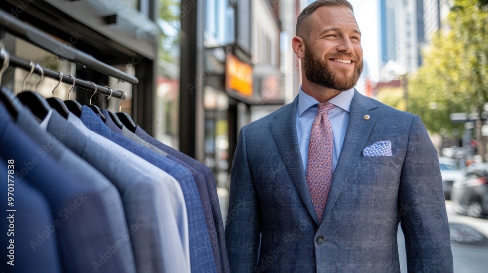 A man in a tailored suit and tie smiles as he browses clothes on a rack outdoors on a sunny day, possibly in a city shopping district, enjoying the experience. A man in a tailored suit and tie smiles as he browses clothes on a rack outdoors on a sunny day, possibly in a city shopping district, enjoying the experience.
