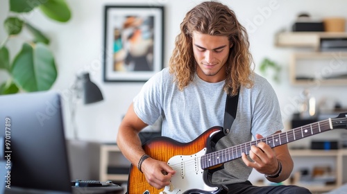 A young man with long hair, dressed in a grey T-shirt, is playing an electric guitar in a modern home environment, surrounded by minimalist decor, engaging passionately with the music. photo