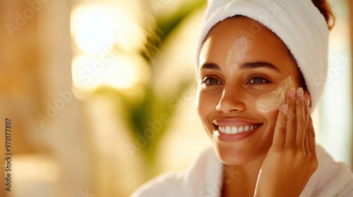 A woman, wrapped in a towel, joyfully applies cream on her face, exemplifying the concept of daily skincare and self-pampering in a serene and warm environment.