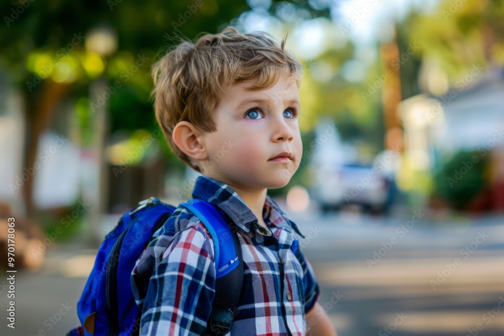 A handsome little boy goes to school. The sun is shining behind A handsome little boy goes to school. The sun is shining behind