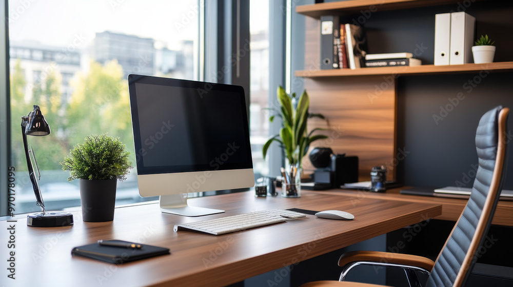 A sleek and modern home office setup featuring a desktop computer, ergonomic chair, wooden desk, and a large window view. A sleek and modern home office setup featuring a desktop computer, ergonomic chair, wooden desk, and a large window view.