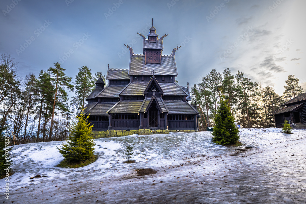 Fototapeta premium Oslo - February 11 2023: The epic medieval Gol Stave Church in the open air museum of Oslo, Norway