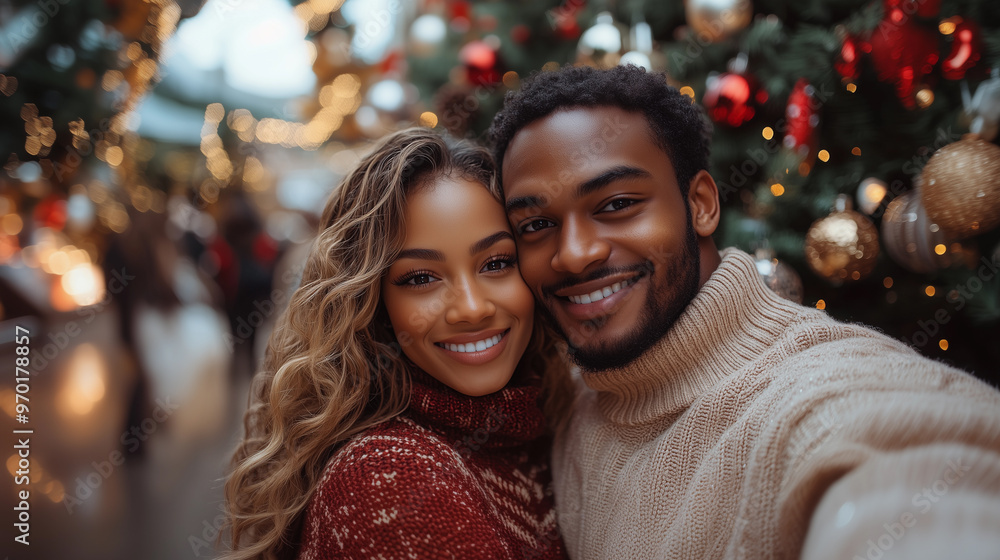 black couple taking a selfie together by a christmas tree while shopping on christmas eve, sharing love and prosperity black couple taking a selfie together by a christmas tree while shopping on christmas eve, sharing love and prosperity