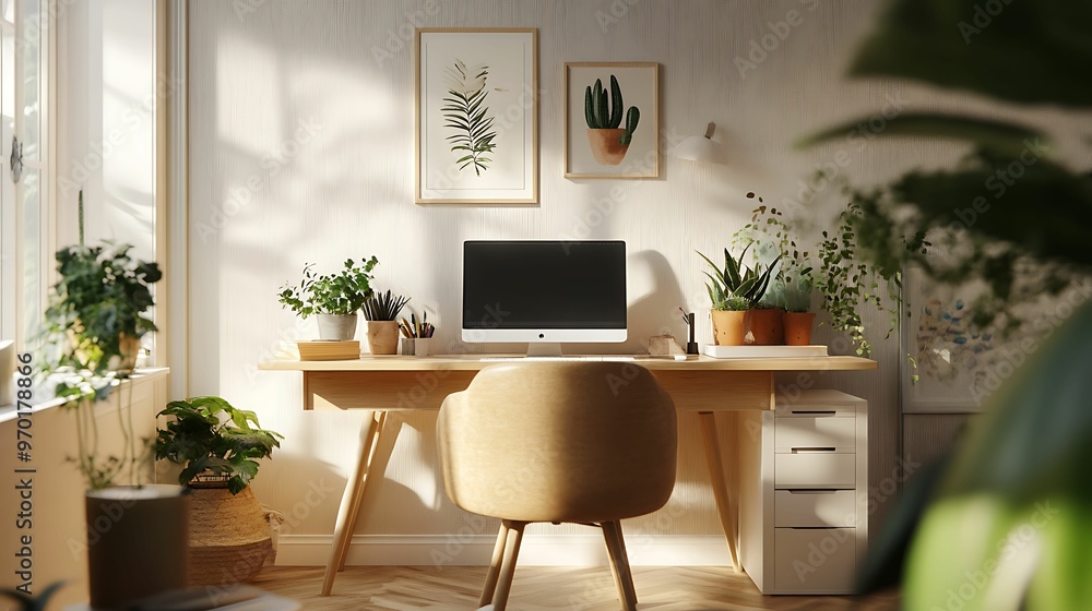A cozy home office setup with a wooden desk, ergonomic chair, indoor plants, and natural light, creating a calm and productive work environment. A cozy home office setup with a wooden desk, ergonomic chair, indoor plants, and natural light, creating a calm and productive work environment.