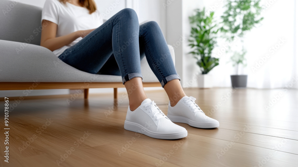 A woman sitting casually on a sofa, wearing white sneakers, with her legs resting on a clean hardwood floor. A woman sitting casually on a sofa, wearing white sneakers, with her legs resting on a clean hardwood floor.