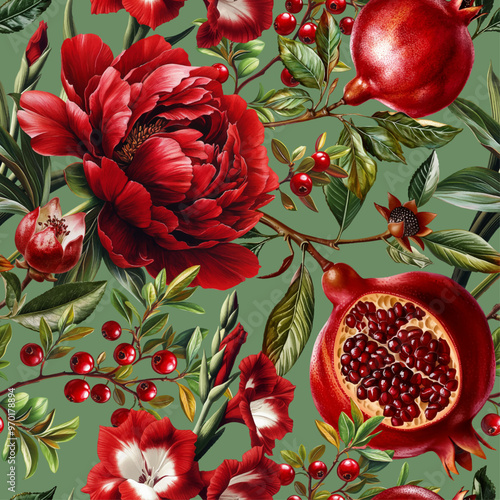 Seamless vector pattern with pomegranates, red garden flowers and berries isolated on a changeable background. Vintage painting style illustration.