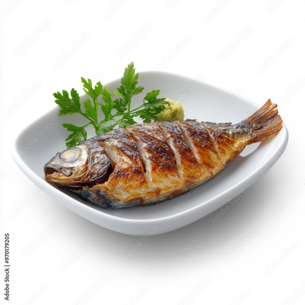 A perfectly grilled whole fish served on a white plate, garnished with fresh parsley for a simple yet elegant presentation. A perfectly grilled whole fish served on a white plate, garnished with fresh parsley for a simple yet elegant presentation.