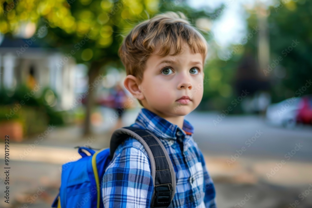 Little boy with a backpack leaves home for school Little boy with a backpack leaves home for school