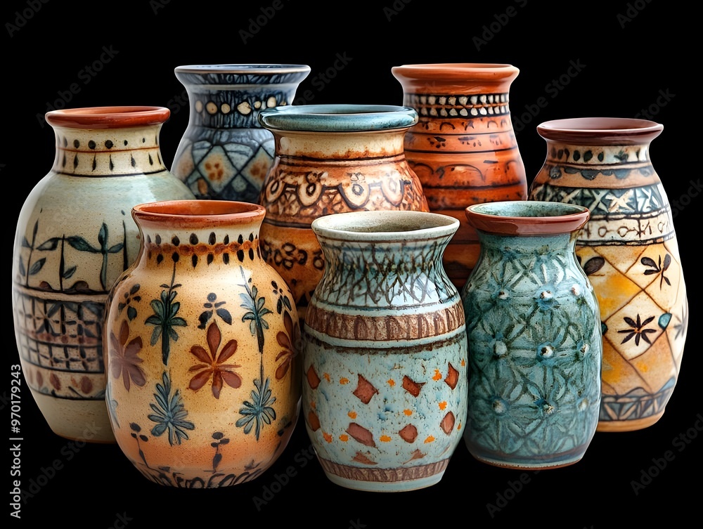 A collection of intricately designed pottery vessels arranged artistically on a dark, neutral background. A collection of intricately designed pottery vessels arranged artistically on a dark, neutral background.
