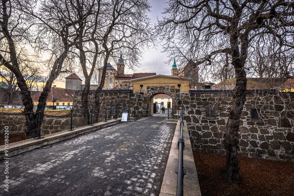 Oslo - February 12 2023: The historical epic fortress of Akershus i Oslo, Norway Oslo - February 12 2023: The historical epic fortress of Akershus i Oslo, Norway