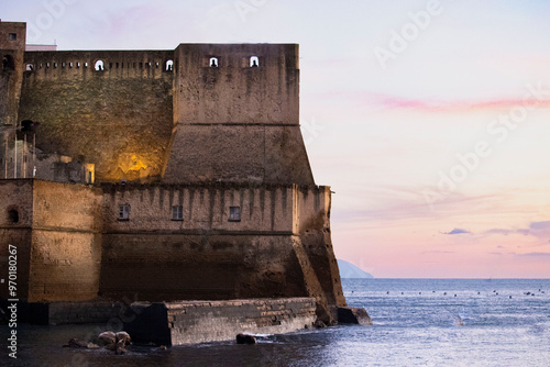 The historic Maschio Angioino Castle, also known as Castel Nuovo, in Naples, Italy, captured during sunset