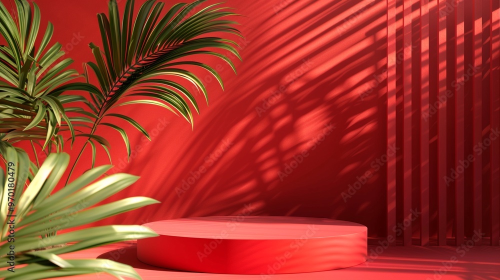 Vibrant red product display podium with tropical palm leaves casting dramatic shadows, creating a bold and exotic atmosphere for showcasing luxury items. Vibrant red product display podium with tropical palm leaves casting dramatic shadows, creating a bold and exotic atmosphere for showcasing luxury items.