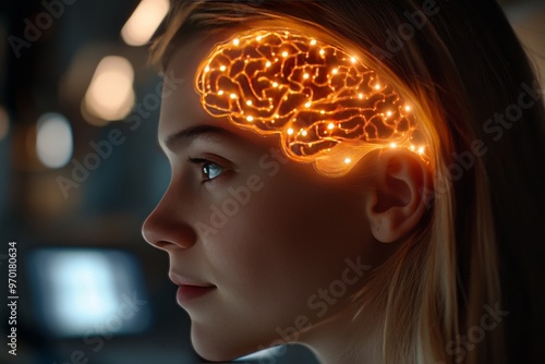 Biofeedback brain stimulation sensory neurons consciousness mapping and neurolinguistics woman in profile with glowing brain neural activity in futuristic tech style photo