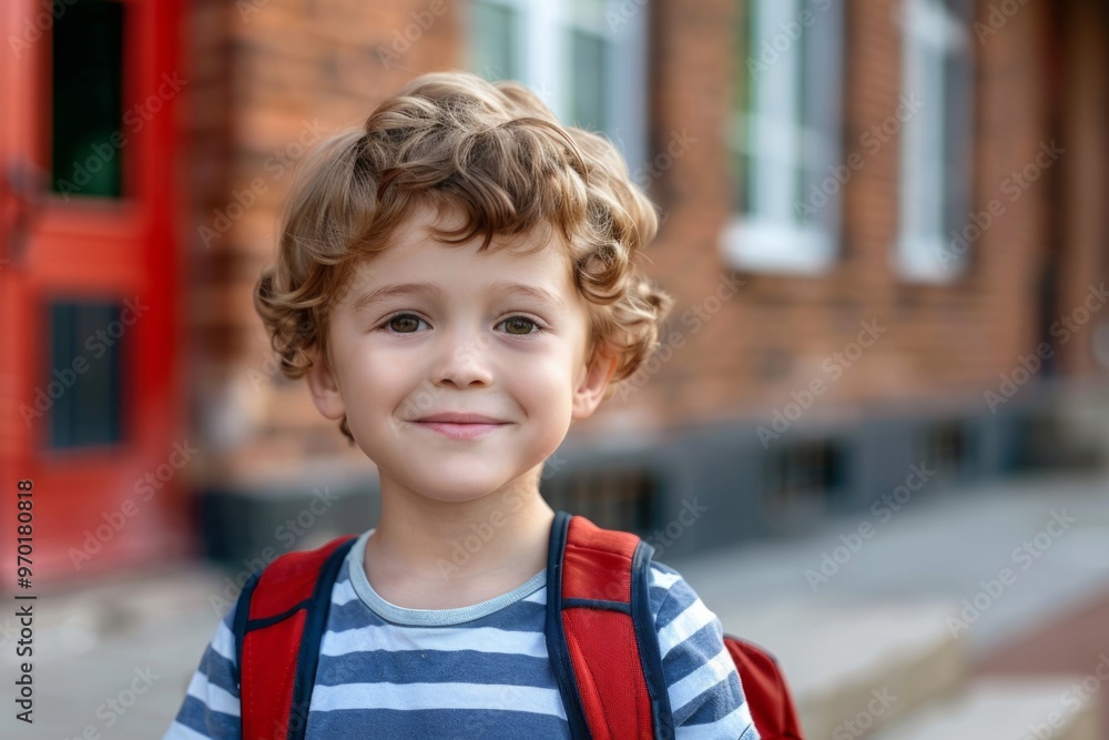 Funny boy with a backpack leaves home for school Funny boy with a backpack leaves home for school