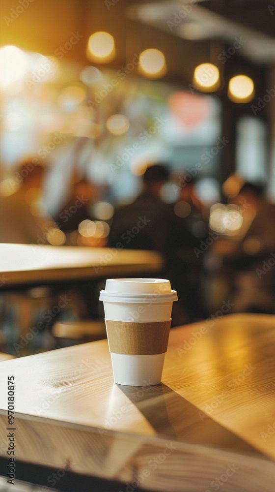 Takeaway coffee cup on wooden table in cozy cafe atmosphere, blurred background with warm lights and silhouettes of patrons, inviting ambiance. Takeaway coffee cup on wooden table in cozy cafe atmosphere, blurred background with warm lights and silhouettes of patrons, inviting ambiance.