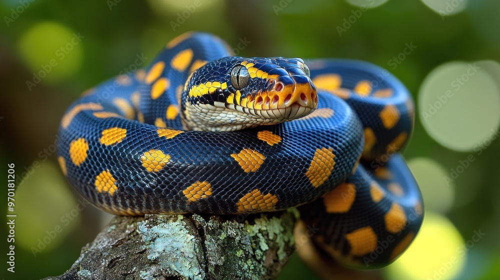 A vibrant snake with orange and black markings resting on a branch.