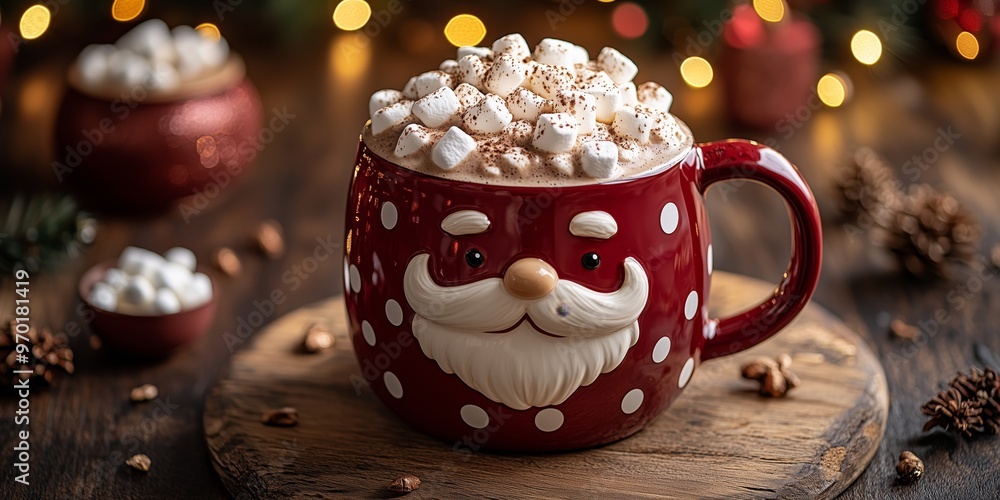Santa shaped large red mug with hot coffee topped with marshmallows, blurred festive living room with christmas tree in the background Santa shaped large red mug with hot coffee topped with marshmallows, blurred festive living room with christmas tree in the background