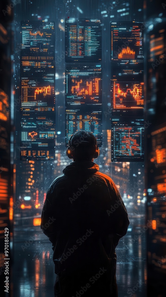 virtual stock market interface floating in dark room glowing charts and graphs traders silhouette holographic displays data visualization virtual stock market interface floating in dark room glowing charts and graphs traders silhouette holographic displays data visualization