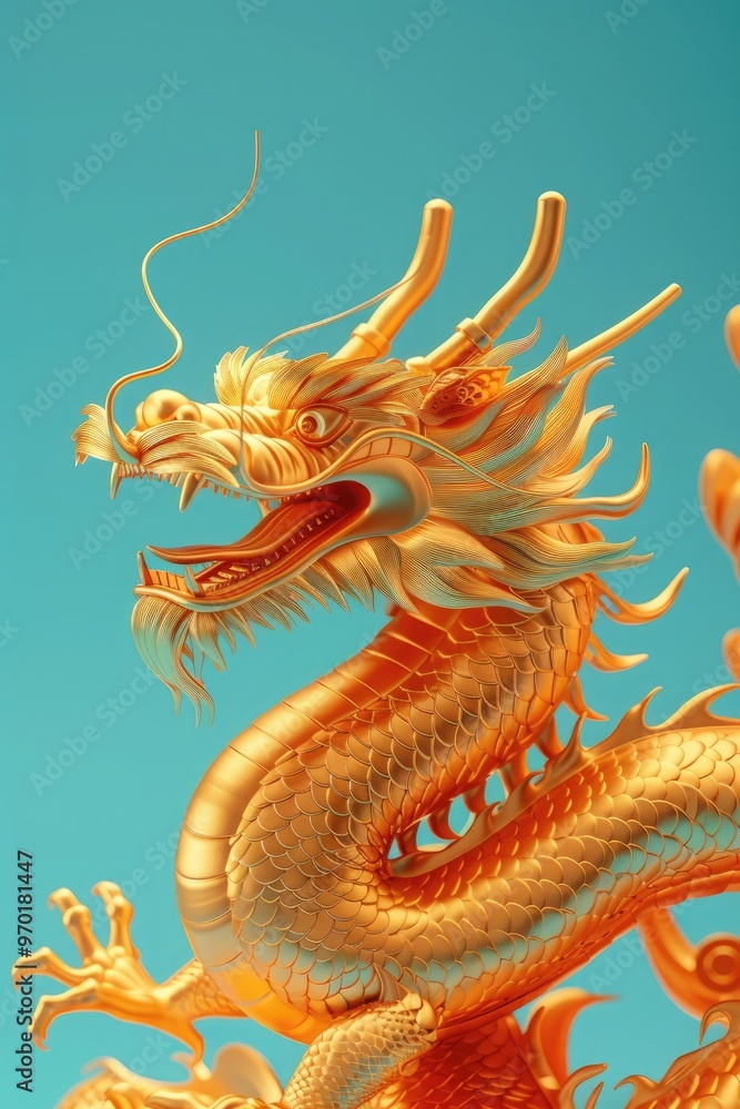 3D Chinese gold dragon with a happy face moving horizontally from left to right vibrant colors joyful expression 3D Chinese gold dragon with a happy face moving horizontally from left to right vibrant colors joyful expression