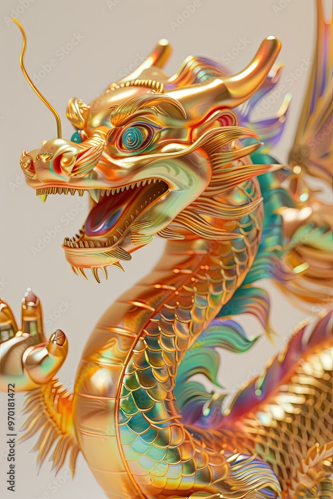 Fototapeta premium 3D Chinese gold dragon with a happy face moving horizontally from left to right vibrant colors joyful expression