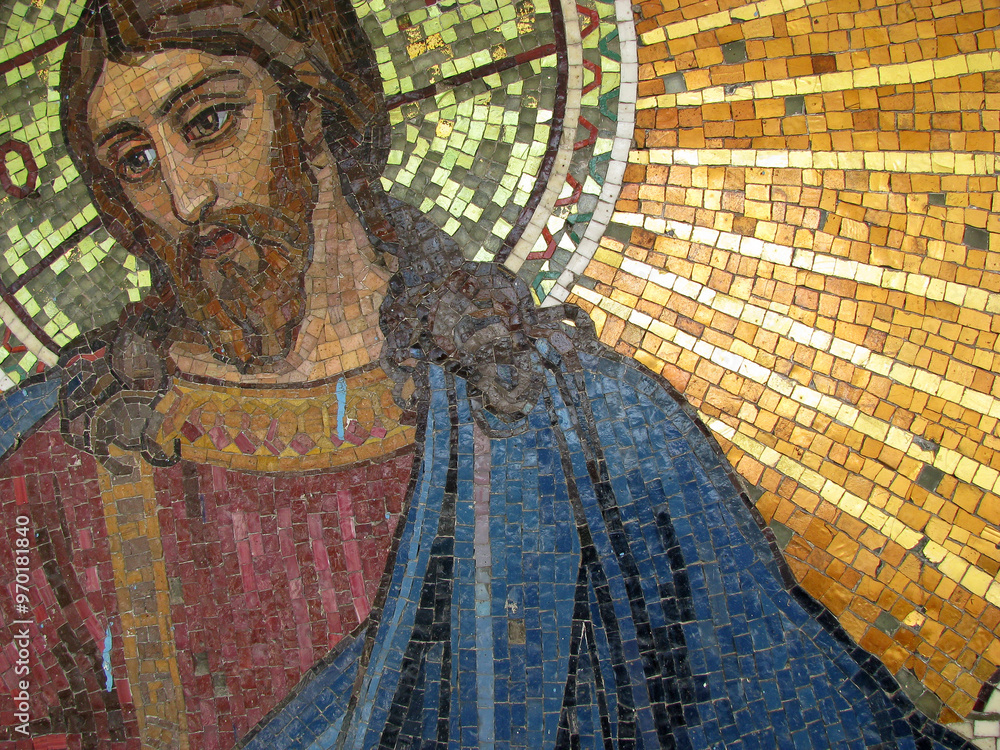 Naklejka premium Mosaic Image of Jesus Christ, Ancient Mosaic of Jesus with a Golden Sun Halo